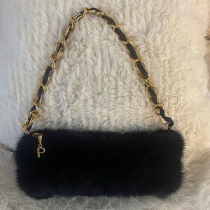 Paolo Black Mink Fur Shoulder Bag with Gold Chain